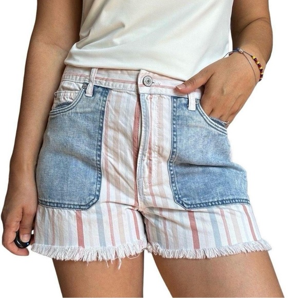 American Eagle Outfitters Cotton Striped Raw Hem Mom Short Pink Blue Size 14 - Picture 13 of 13